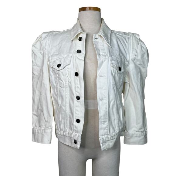 FRAME Denim Rosette Puff Sleeve Denim Jacket Rumpled Blanc White Small - Picture 2 of 8